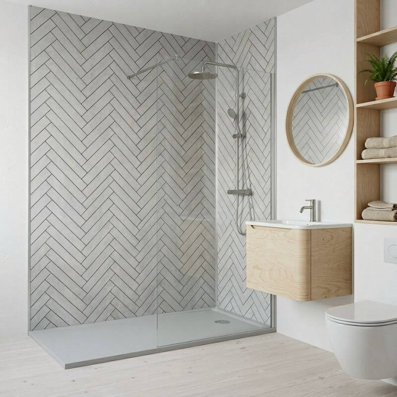 Imprevia Large Grey Herringbone Tile PVC Shower Panel - 1M x 2.4M - Image 4