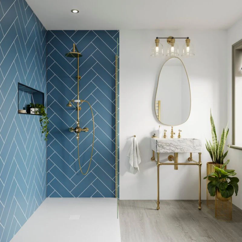 Multipanel Misty Blue Herringbone Tile Effect Shower Panel